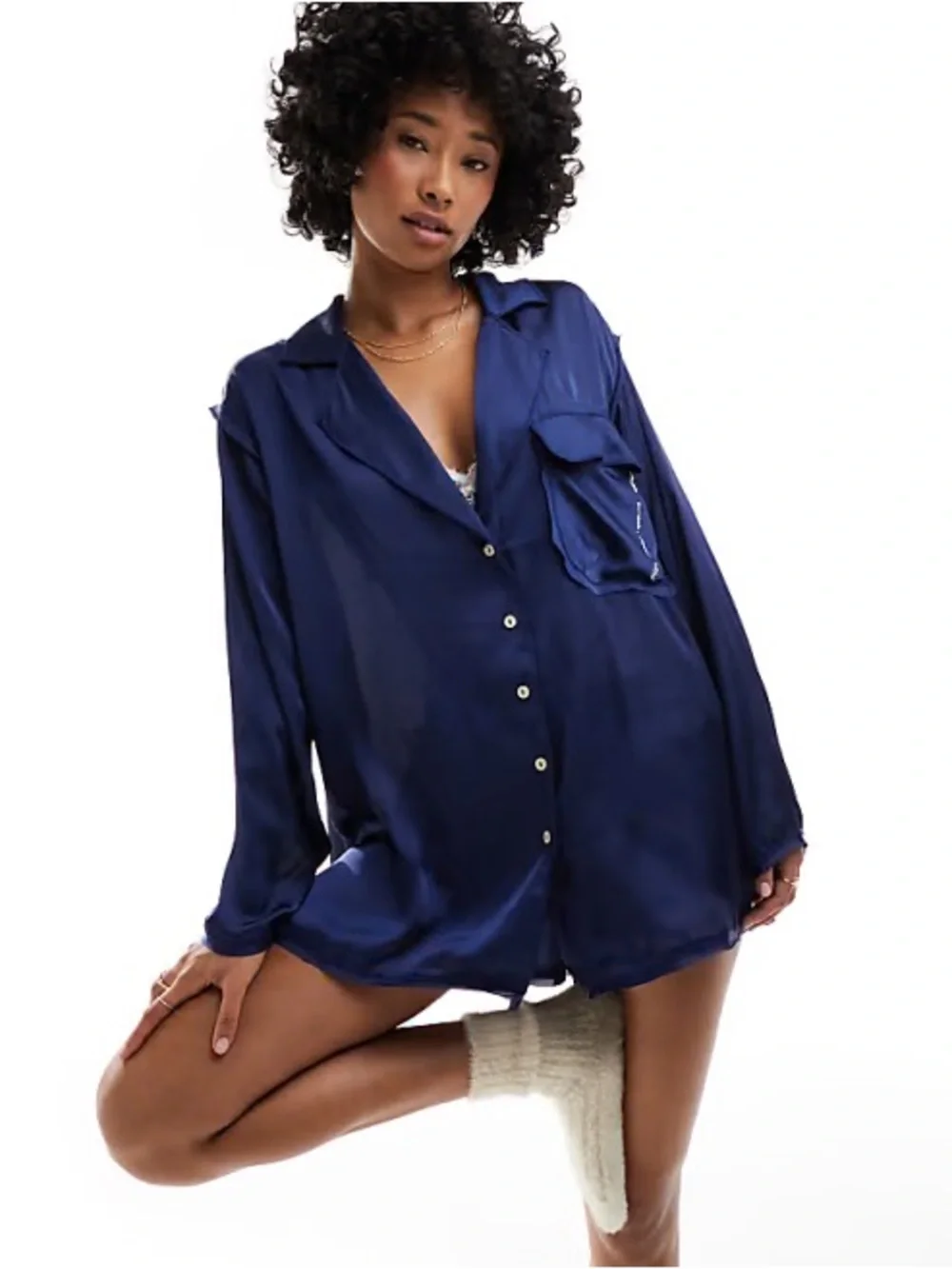Free People Silky Navy Satin Pajama Top - Women's Intimates